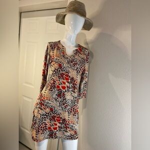Neesha~Vibrant~Abstract Design~Mini Dress~Keyhole Neckline~3/4 Sleeve~Size M